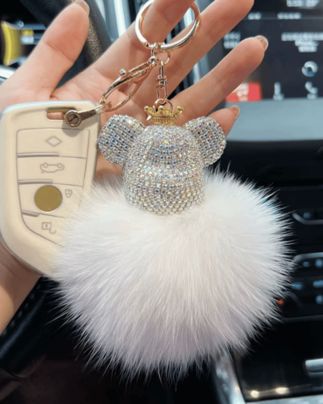 Crystal Crown Bear Keychain – White