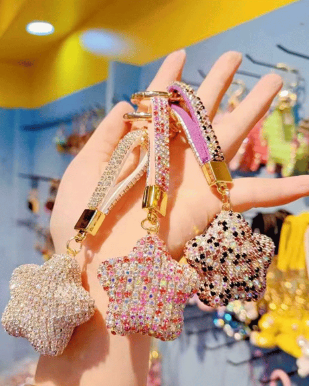 Mixed multicolour crystal rhinestone bear keychains with wrist strap