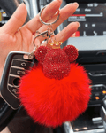 Crystal Crown Bear Keychain in red with fluffy pompom