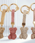 Rhinestone teddy bear keychain with wrist strap in pink and champagne