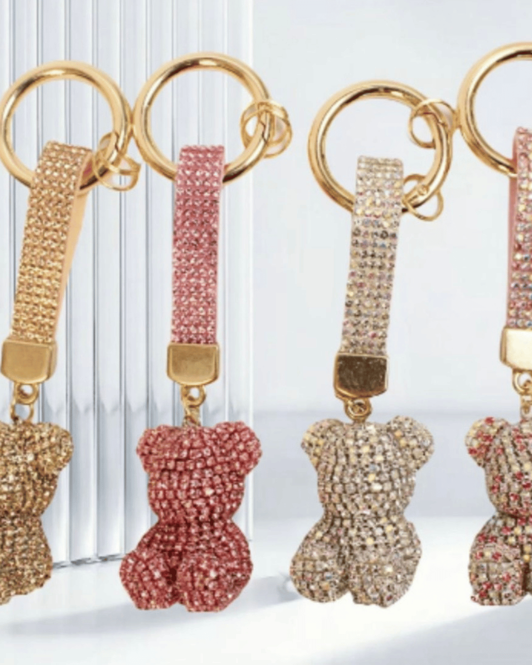 Rhinestone teddy bear keychain with wrist strap in pink and champagne